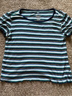 SO Striped Ribbed Short Sleeve Tee in Teal, Navy & White